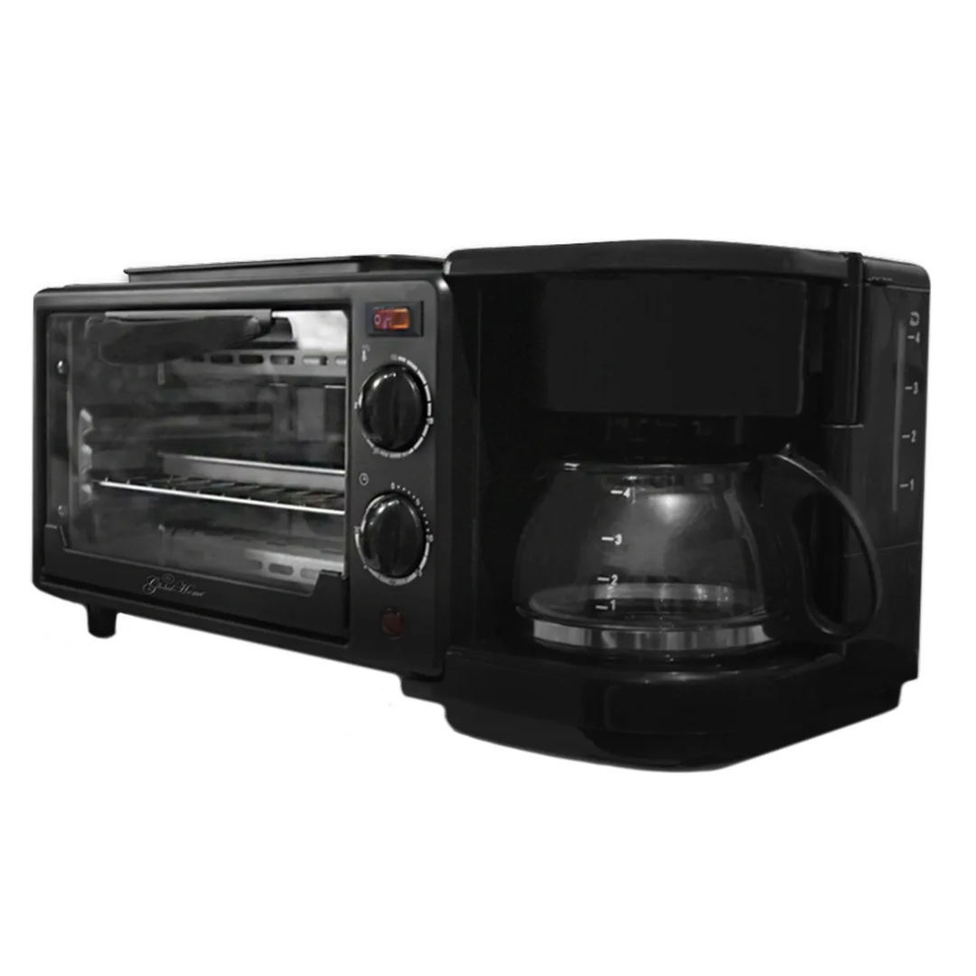 Máquina Desayuno 3-en-1: Horno, Cafetera y Sartén Compacta