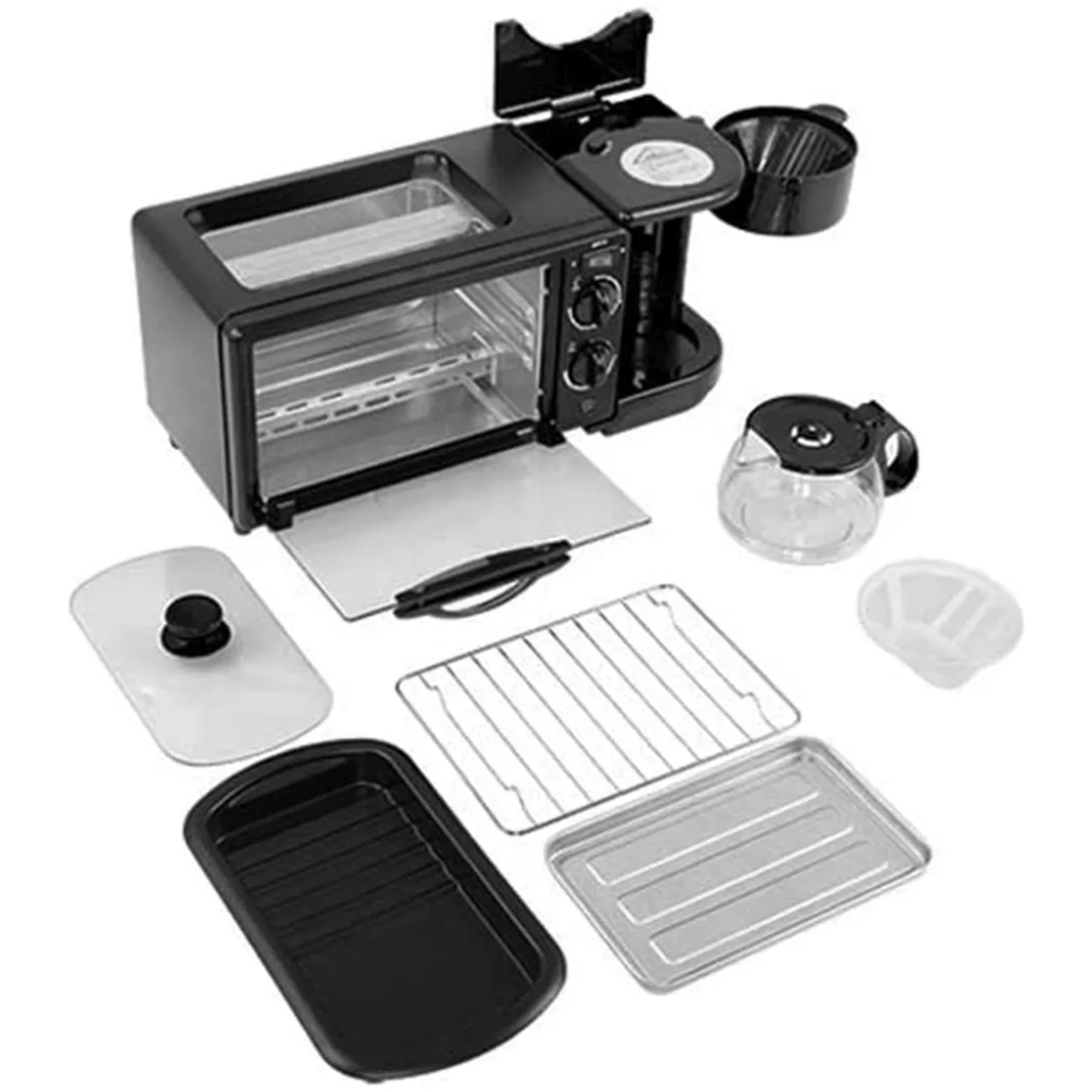 Máquina Desayuno 3-en-1: Horno, Cafetera y Sartén Compacta