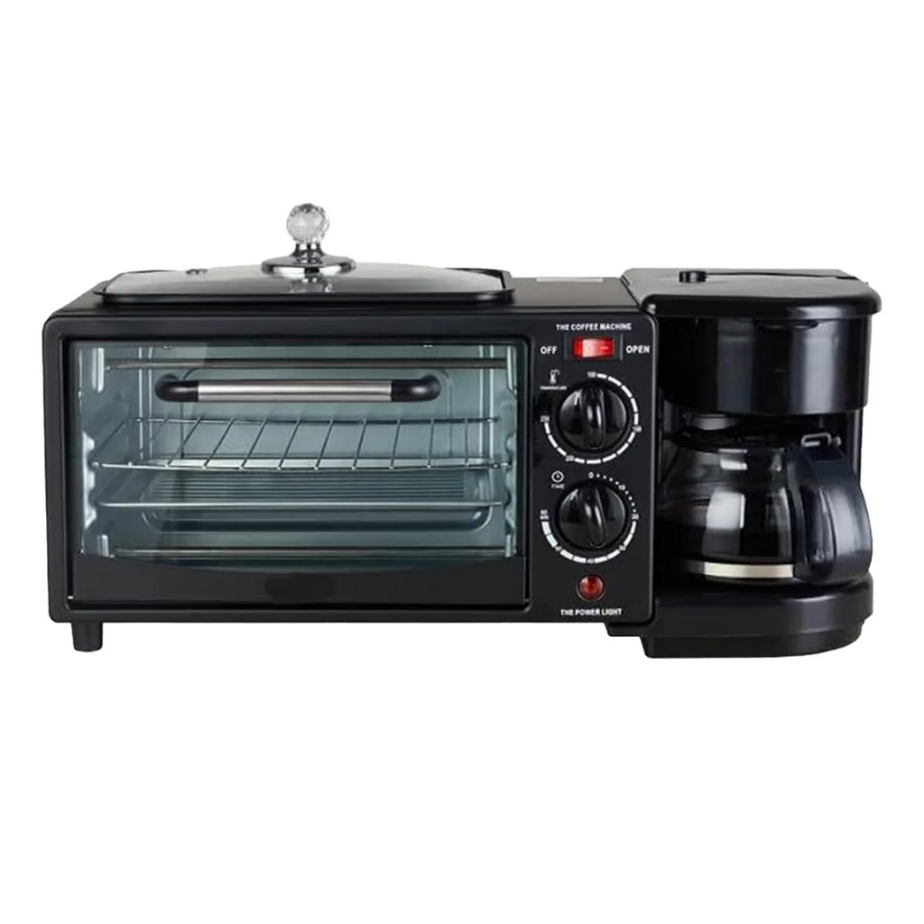 Máquina Desayuno 3-en-1: Horno, Cafetera y Sartén Compacta