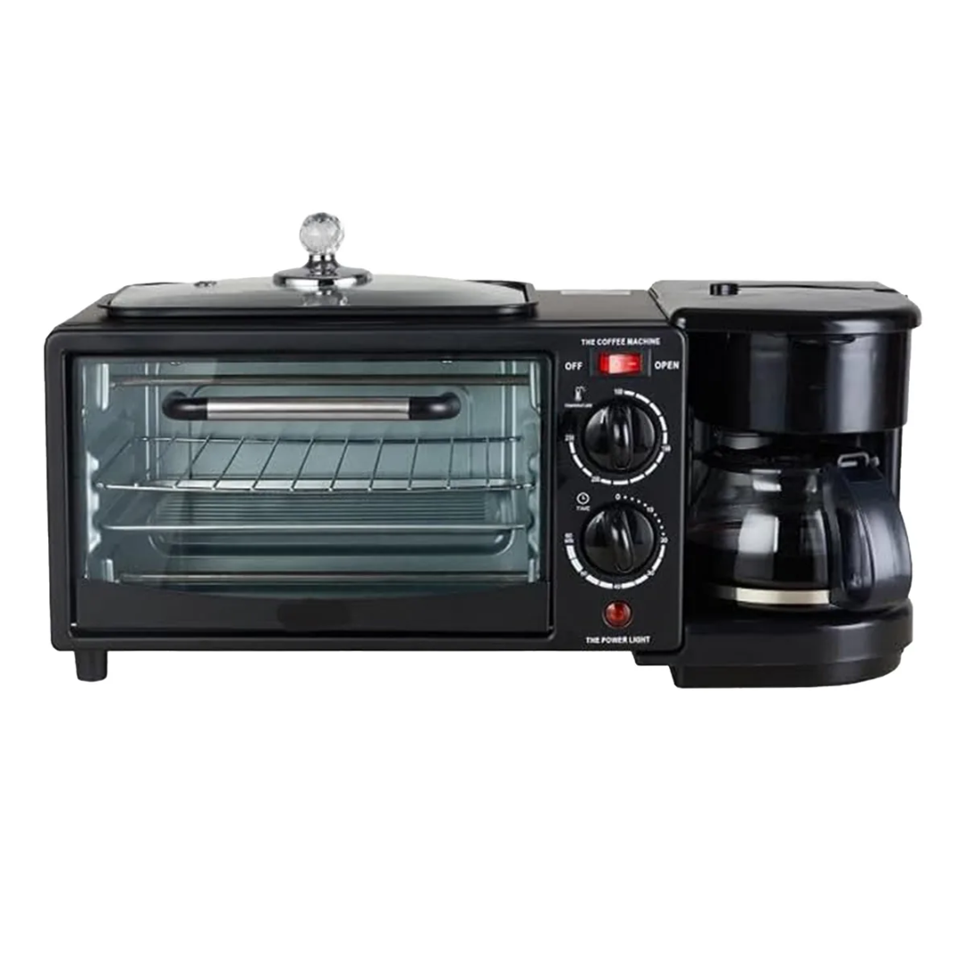 Máquina Desayuno 3-en-1: Horno, Cafetera y Sartén Compacta