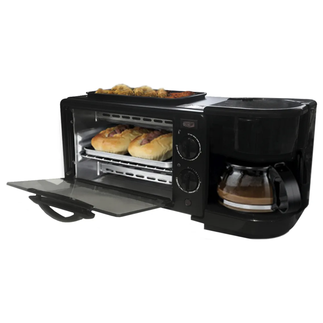 Máquina Desayuno 3-en-1: Horno, Cafetera y Sartén Compacta