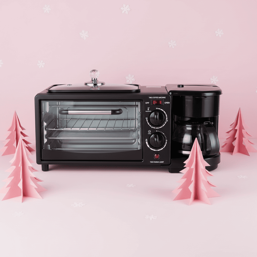 Máquina Desayuno 3-en-1: Horno, Cafetera y Sartén Compacta