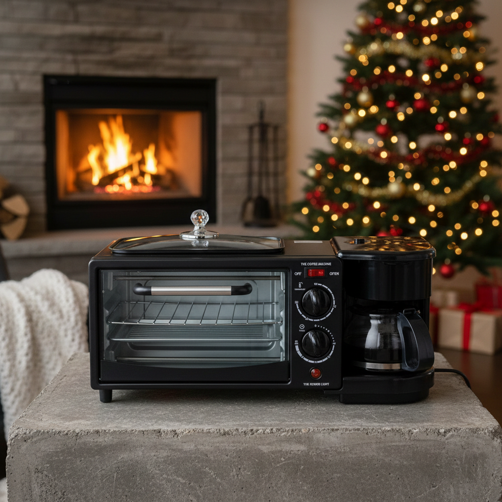Máquina Desayuno 3-en-1: Horno, Cafetera y Sartén Compacta