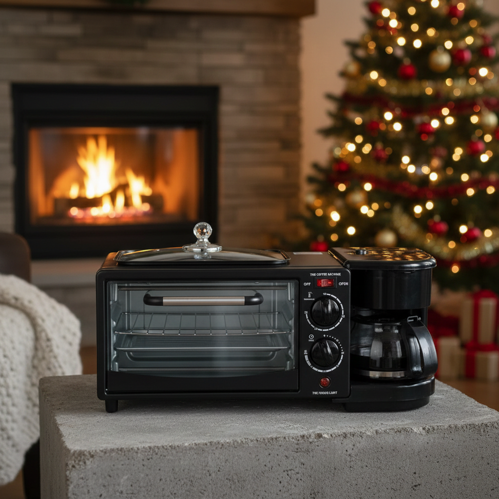 Máquina Desayuno 3-en-1: Horno, Cafetera y Sartén Compacta
