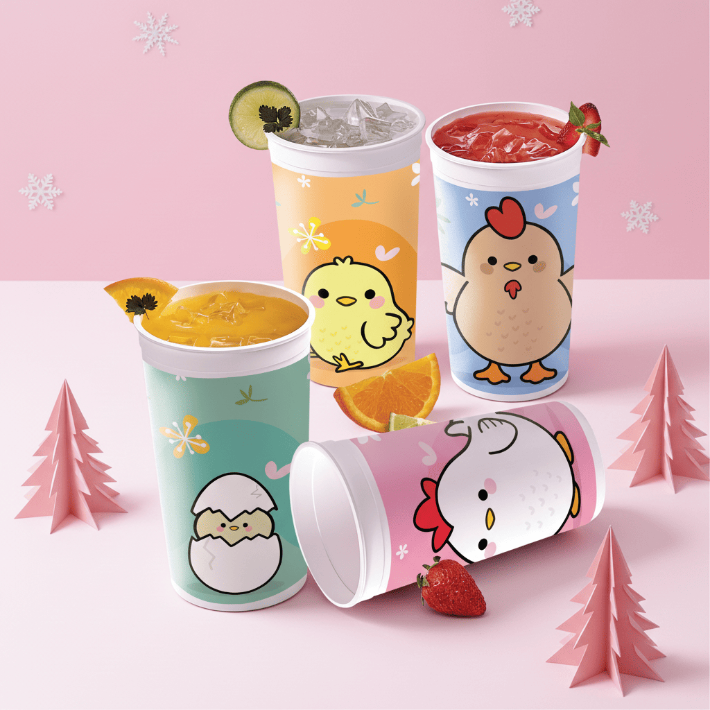 Set 4 Vasos Jumbo Pollito 950ml Plástico Reutilizable