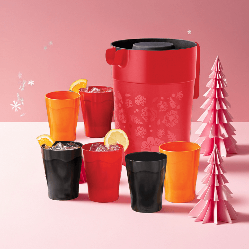 Set Jarra Roja 4L y 6 Vasos 300ml Plástico Jumbo