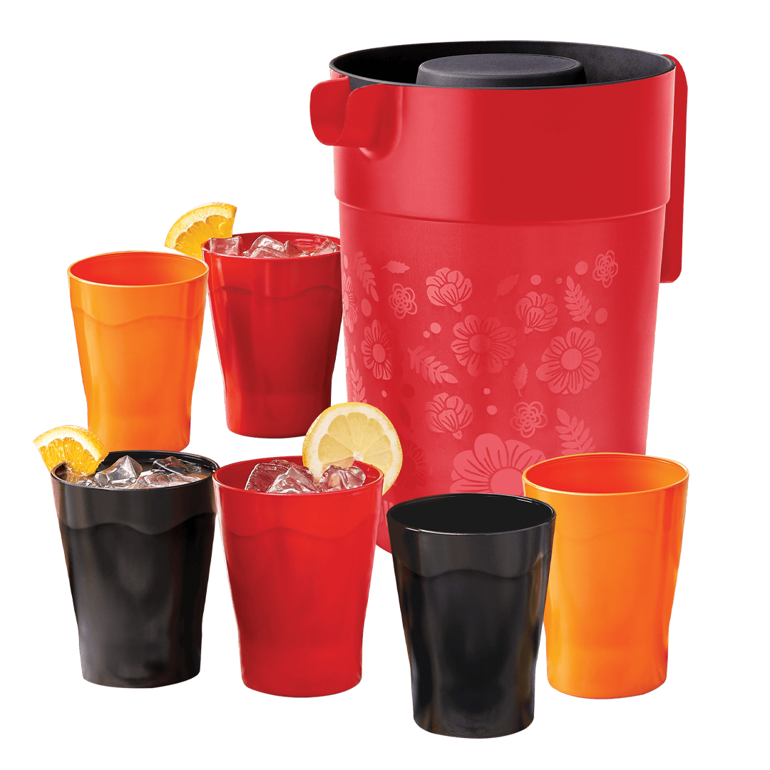 Set Jarra Roja 4L y 6 Vasos 300ml Plástico Jumbo