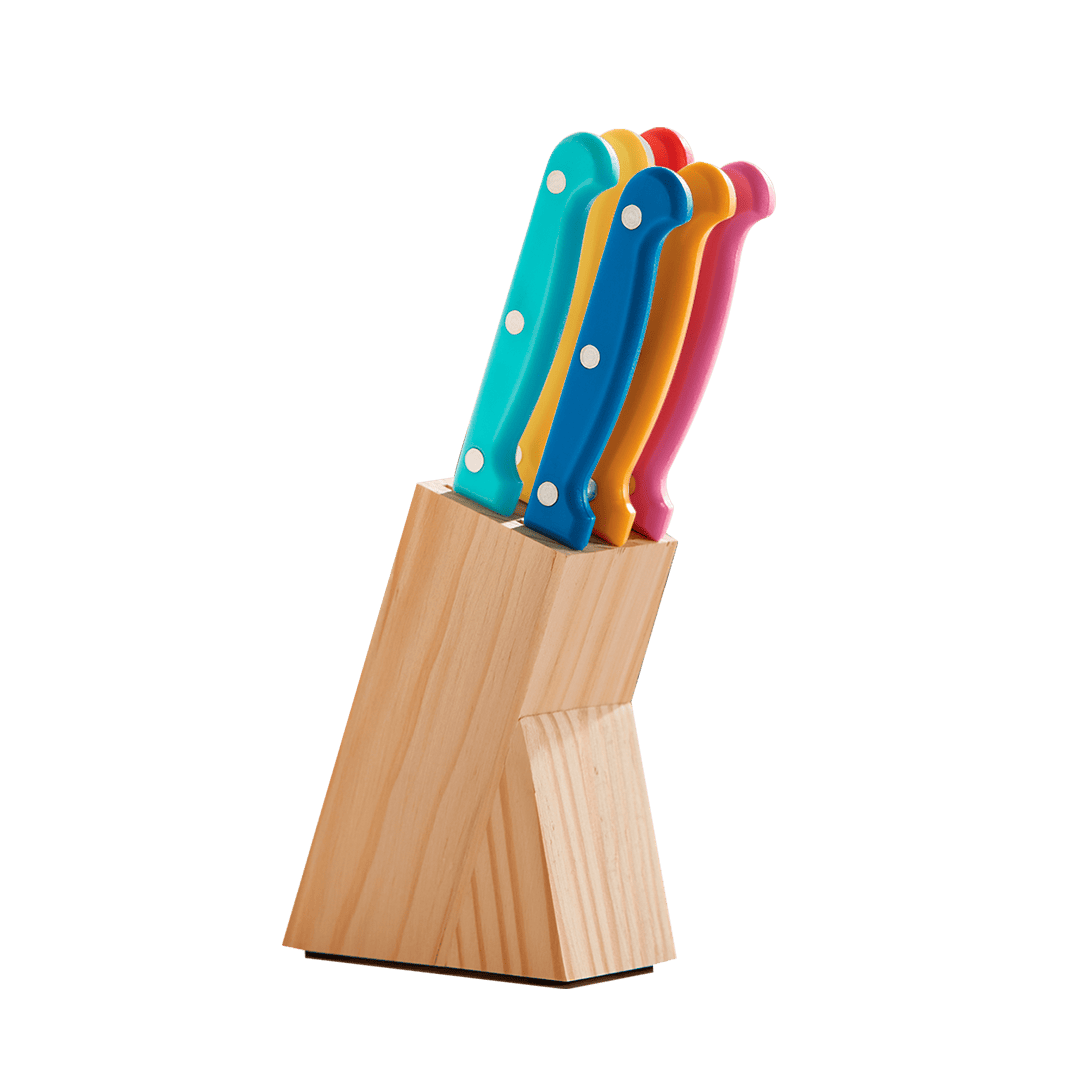 Set 6 Cuchillos Acero Inoxidable Mangos Colores Base Madera