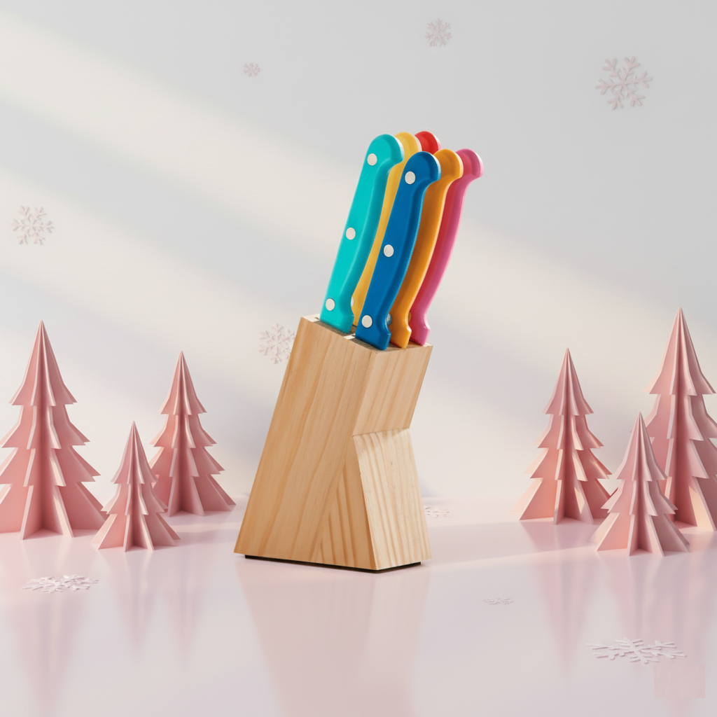 Set 6 Cuchillos Acero Inoxidable Mangos Colores Base Madera