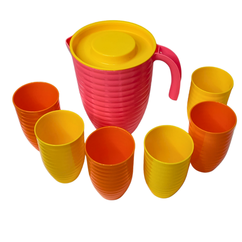 Set Jarra 2L y 6 Vasos Plástico ¡Agua Fresca y Jugos!