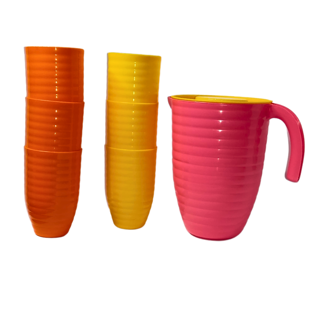 Set Jarra 2L y 6 Vasos Plástico ¡Agua Fresca y Jugos!