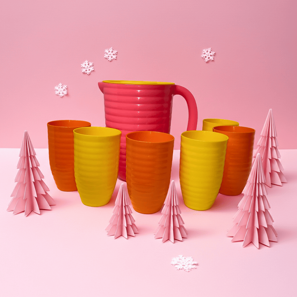 Set Jarra 2L y 6 Vasos Plástico ¡Agua Fresca y Jugos!